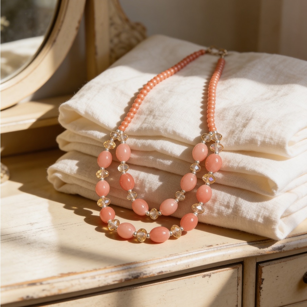 Coral Multi-Strand Beaded Statement Necklace | Bo… - image 3